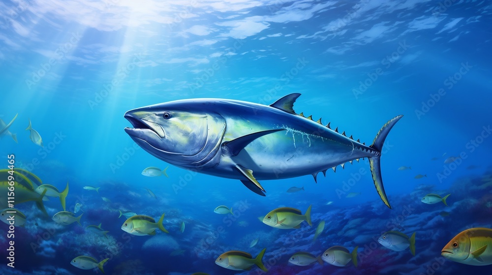 Naklejka premium Majestic Southern Bluefin Tuna Gracefully Cruising Through the Clear Blue Waters Near a Vibrant Coral Atoll Showcasing the Beauty and Diversity of the Underwater Ecosystem