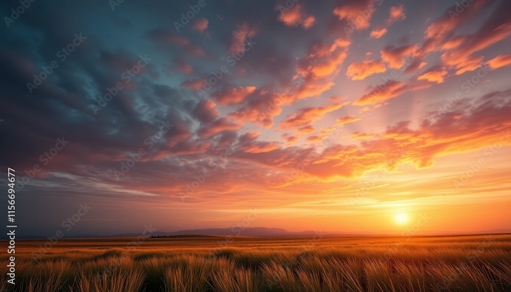 Fototapeta premium Golden Sunset Over a Vast Wheat Field Landscape