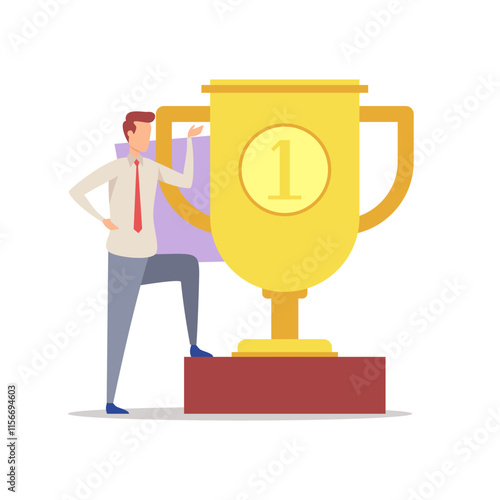 Businessman standing near huge champion cup vector illustration. Manager celebrating success. Business, leadership, achievement, triumph concept