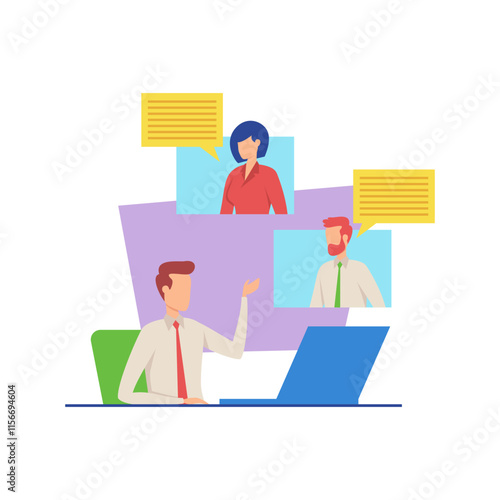 Businessman having video call with colleagues vector illustration. Manager discussing project with team. Business, video conference, teamwork, modern technology concept