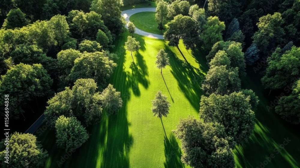Aerial view of serene park with lush greenery, A sunny day Aerial view of serene park with lush greenery, A sunny day