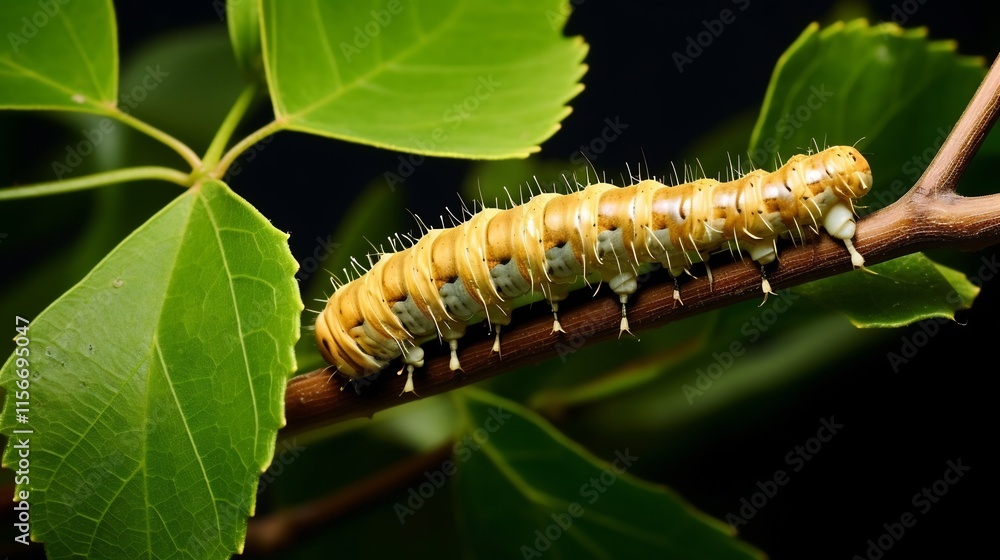 Fototapeta premium Close up view of a silk moth caterpillar meticulously weaving its intricate cocoon on a lush leafy branch showcasing the fascinating process of natural transformation