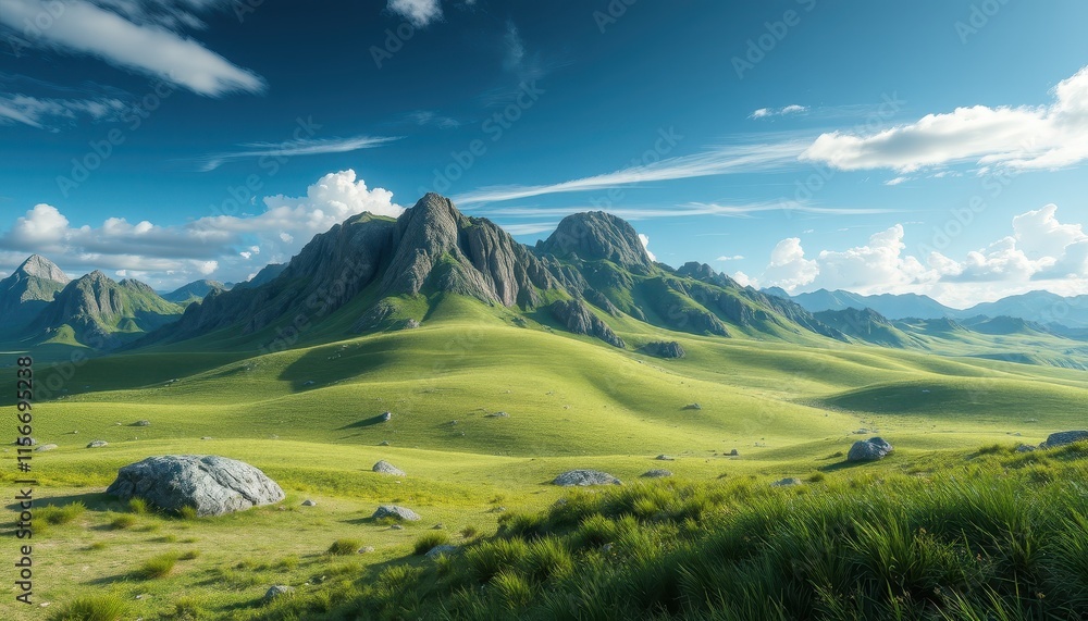 Fototapeta premium Rolling Green Hills and Majestic Mountains Under a Blue Sky