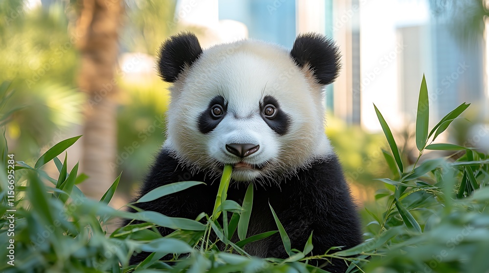Panda Eating Bamboo in Urban Setting Panda Eating Bamboo in Urban Setting