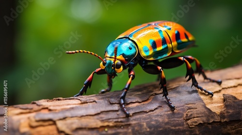 Wallpaper Mural Closeup of a colorful harlequin beetle crawling along the textured surface of a decaying tree trunk in a natural forest environment Torontodigital.ca