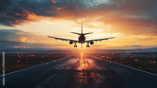 Sunset Airplane Landing: A Majestic Arrival photo