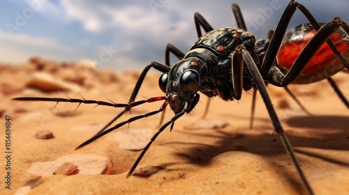 Fearsome Tarantula Hawk Wasp Dragging a Paralyzed Spider Across the Arid Sandy Ground photo