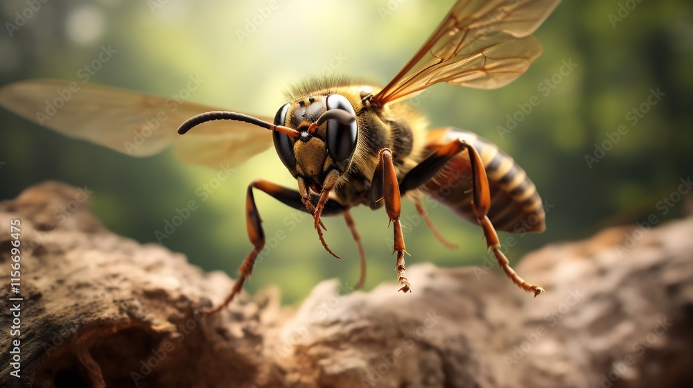 Close up of a hornet flying rapidly towards its nest with a blurred natural environment in the background showcasing the insect s aggression and protective instincts Close up of a hornet flying rapidly towards its nest with a blurred natural environment in the background showcasing the insect s aggression and protective instincts