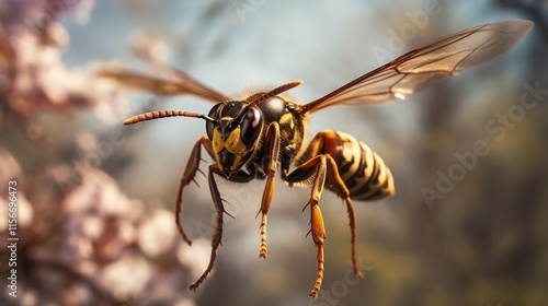 Closeup shot of a fast moving hornet rapidly approaching its nest with a blurred out of focus natural background showcasing the insect s speed aggression and habitat photo