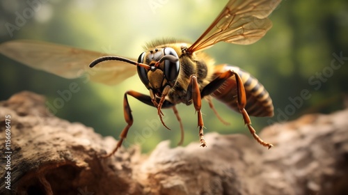 Close up of a hornet flying rapidly towards its nest with a blurred natural environment in the background showcasing the insect s aggression and protective instincts photo