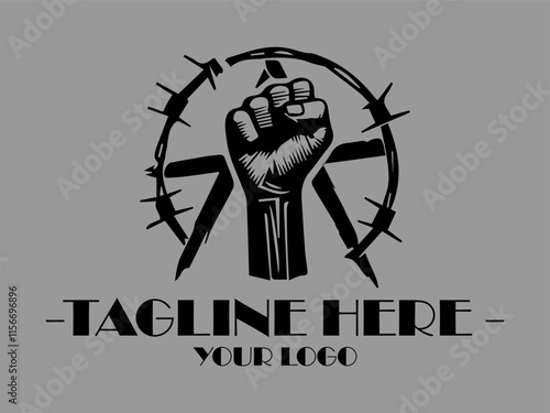 Black fist barbwire circle symbolizes resistance and defiance. Great for activism, protest, and empowermentthemed designs seeking bold visual impact