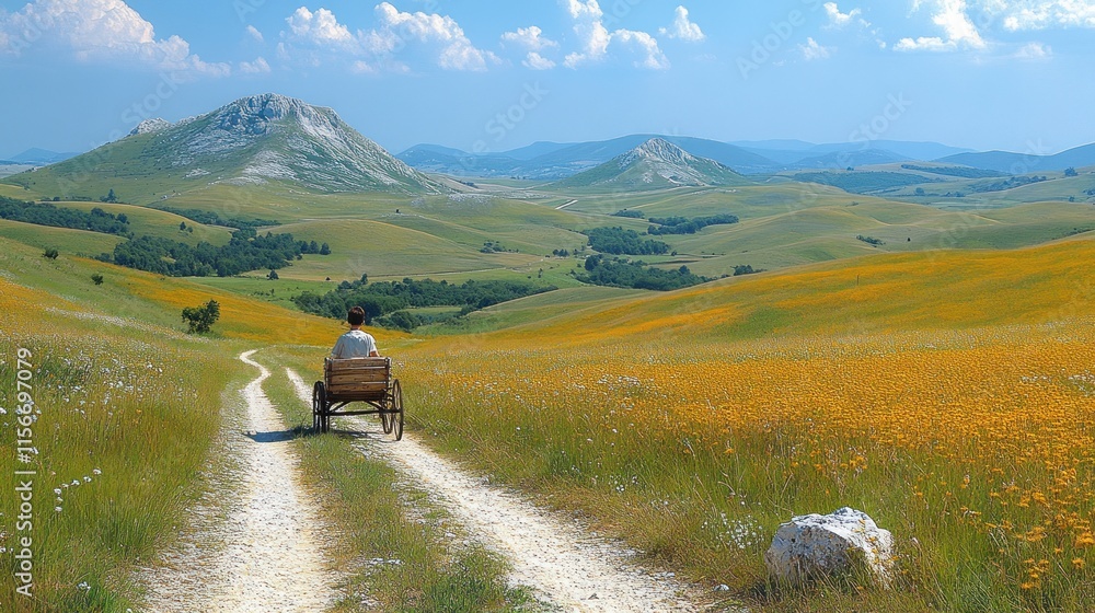 A person riding a cart along a scenic path through a vibrant, flower-filled landscape. A person riding a cart along a scenic path through a vibrant, flower-filled landscape.