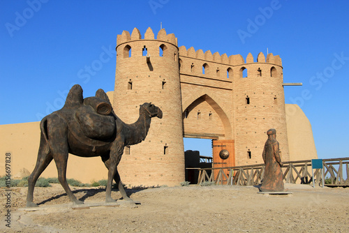 The historical city of Otrar was destroyed by the Mongol ruler Genghis Khan. Walls and entrance gate of Otrar Castle. photo