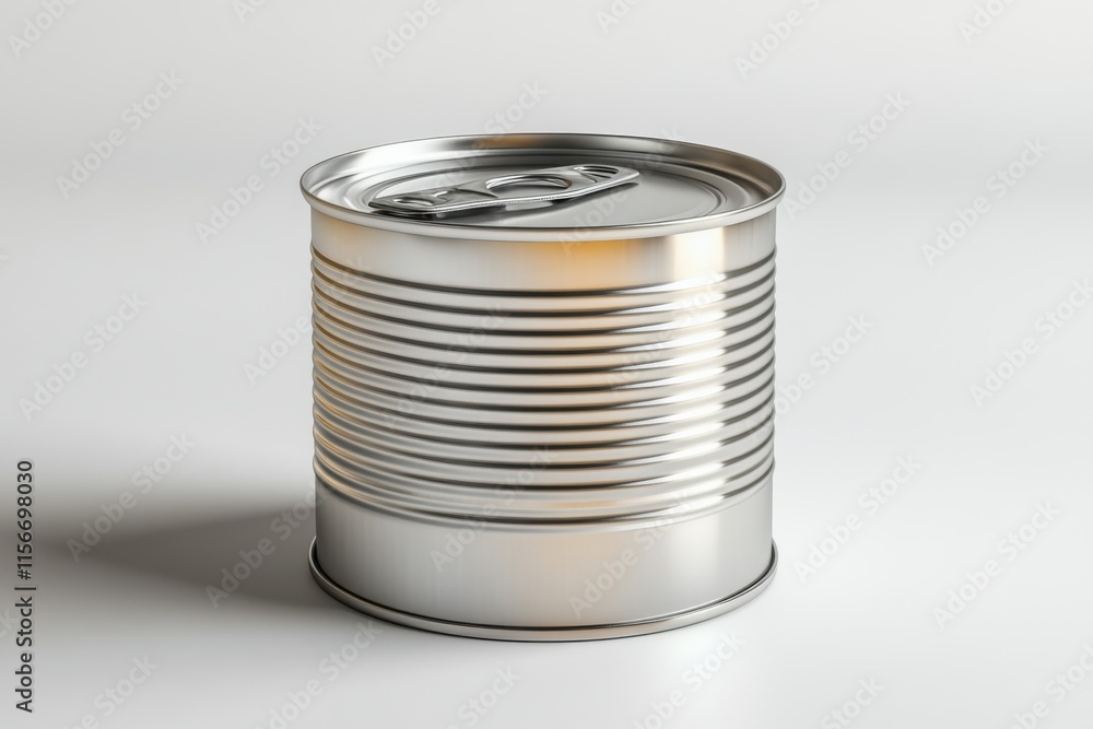 A Single Metal Food Can on a White Background A Detailed Image of a Cylindrical Tin Can with a Pull-Tab Lid, Ideal for Packaging Designs and Food Industry Related Projects A Single Metal Food Can on a White Background A Detailed Image of a Cylindrical Tin Can with a Pull-Tab Lid, Ideal for Packaging Designs and Food Industry Related Projects