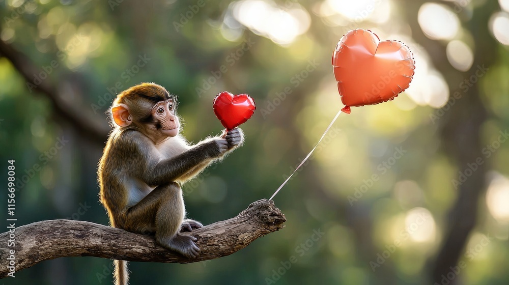 Fototapeta premium A cheerful monkey holding a red heart-shaped balloon while perched on a tree branch