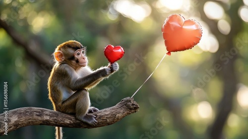 A cheerful monkey holding a red heart-shaped balloon while perched on a tree branch