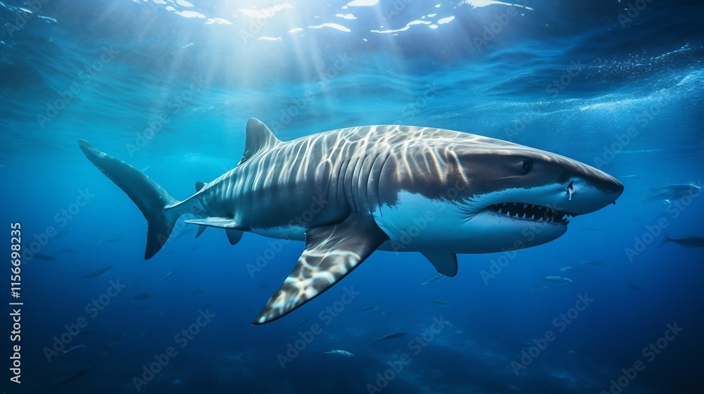 Fototapeta premium Majestic Tiger Shark Gracefully Gliding Through the Serene Blue Ocean Waters in a Tranquil Underwater Scene
