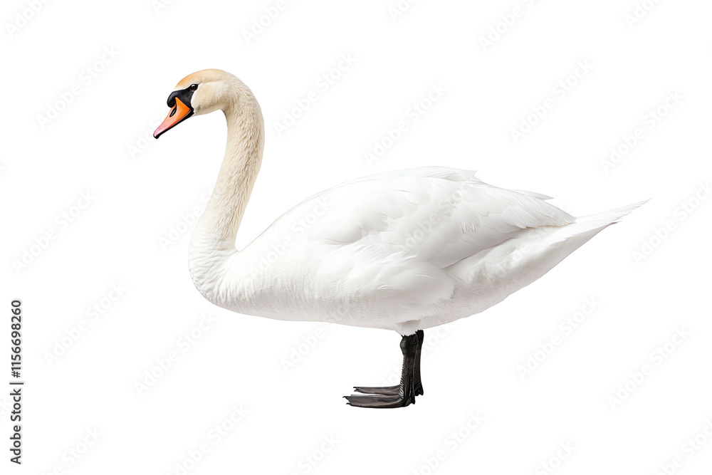 A graceful white swan stands elegantly on one leg, showcasing its smooth feathers and long neck. A graceful white swan stands elegantly on one leg, showcasing its smooth feathers and long neck.