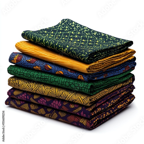 Colorful fabric stacks with intricate patterns on a white isolated background, perfect for creative projects and textile design inspiration. photo