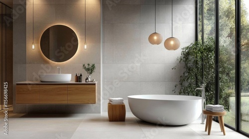 Modern bathroom with large window, greenery view, light Interior of luxury