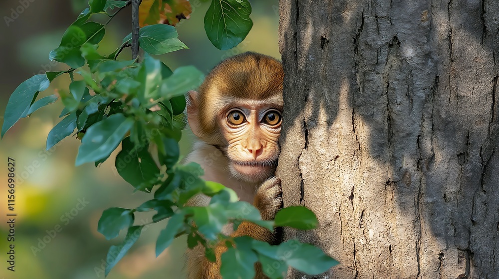 Fototapeta premium Curious Monkey Peeking from Behind a Tree