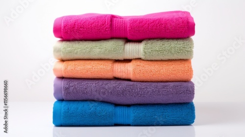 Neatly Stacked Pile of Colorful Soft and Fluffy Folded Towels Placed on a Bright White Background for a Minimalist Clean and Serene Home or Spa Decor