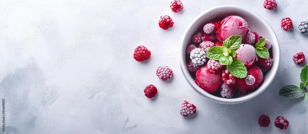 Creamy ice cream topped with fresh berries and mint leaves in a bowl perfect for summer desserts and seasonal treats Creamy ice cream topped with fresh berries and mint leaves in a bowl perfect for summer desserts and seasonal treats