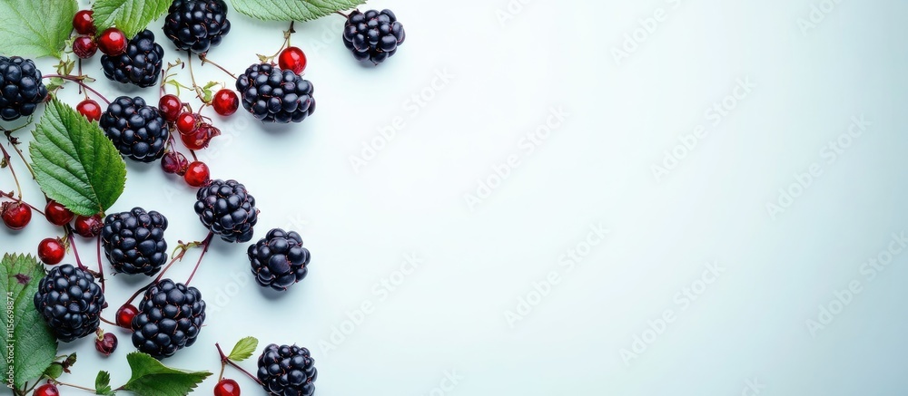Fresh blackberries with red berries and green leaves arranged on a pale background creating a clean space for your text or design needs Fresh blackberries with red berries and green leaves arranged on a pale background creating a clean space for your text or design needs