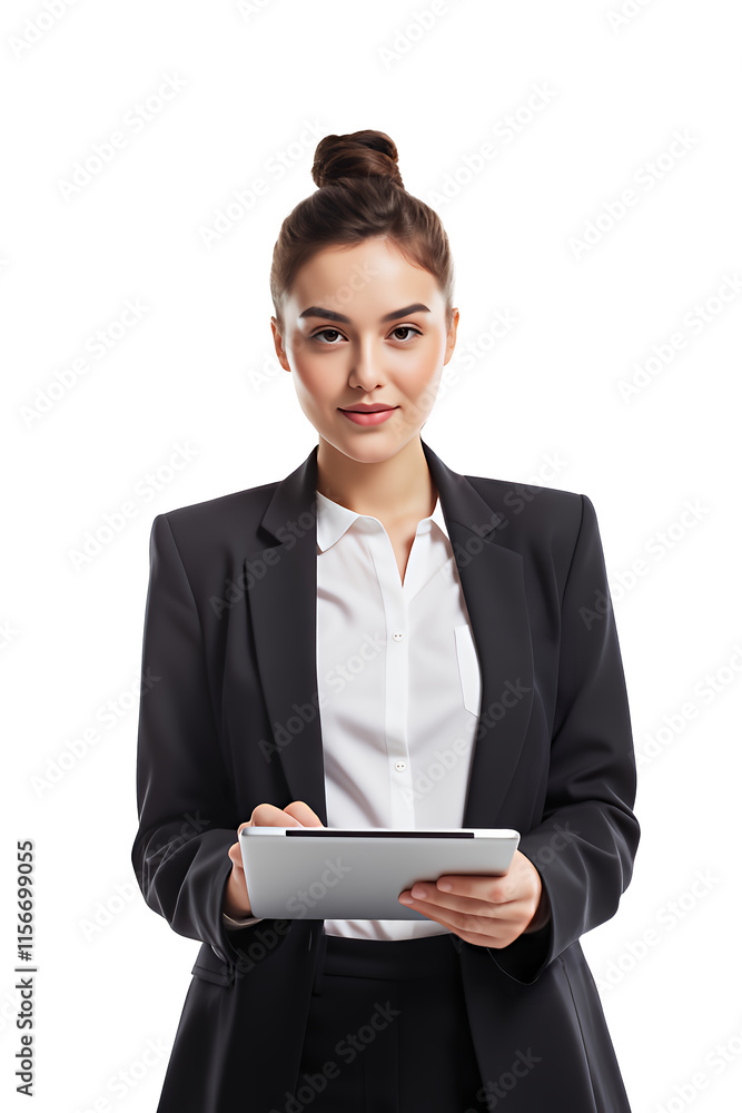 Businesswoman holding a tablet, isolated on a transparent background