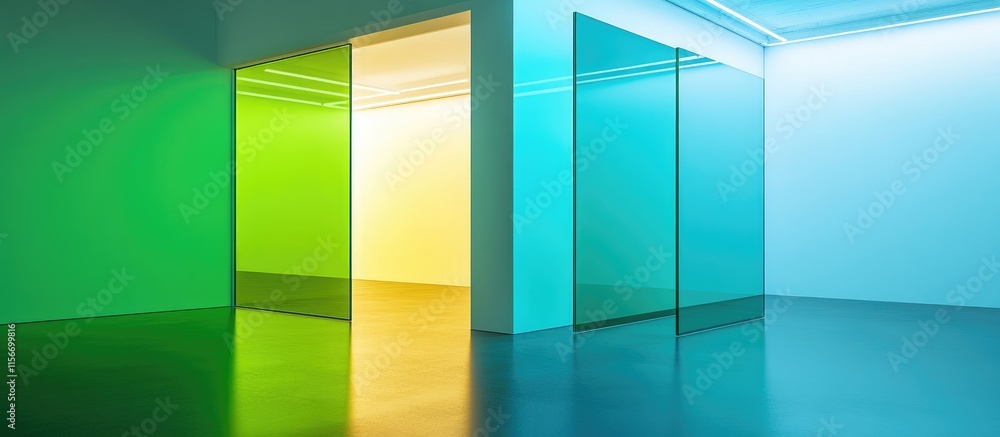 Minimalist studio space with vibrant green and blue glass walls reflecting light creating an inviting and serene atmosphere for design projects Minimalist studio space with vibrant green and blue glass walls reflecting light creating an inviting and serene atmosphere for design projects