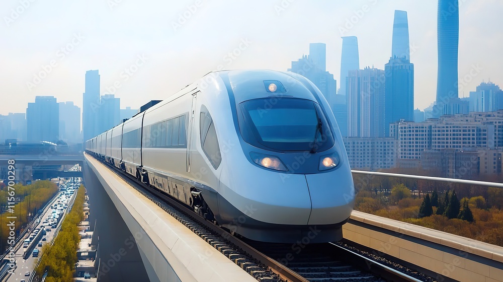 Naklejka premium High-speed train glides through urban landscape, showcasing slee
