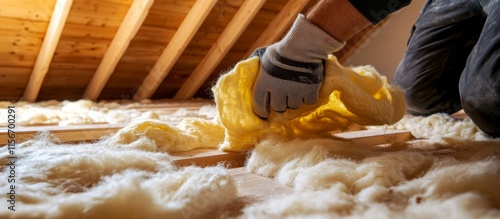 Person's hand in gloves removing yellow cloth from Man installing thermal insulation