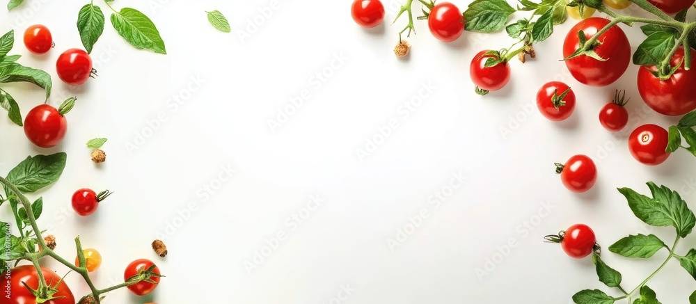 Vibrant Cherry Tomatoes on Vine Surrounded by Green Leaves Isolated on White Background Fresh Produce with Space for Text or Design Vibrant Cherry Tomatoes on Vine Surrounded by Green Leaves Isolated on White Background Fresh Produce with Space for Text or Design