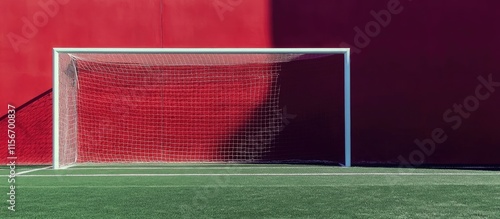 Empty Football Goal against a Red Wall with Green Grass for Copy Space in Sports and Advertising Concepts photo