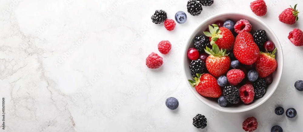 Fresh Berry Flat Lay on Textured Marble Background A bowl filled Fresh Berry Flat Lay on Textured Marble Background A bowl filled