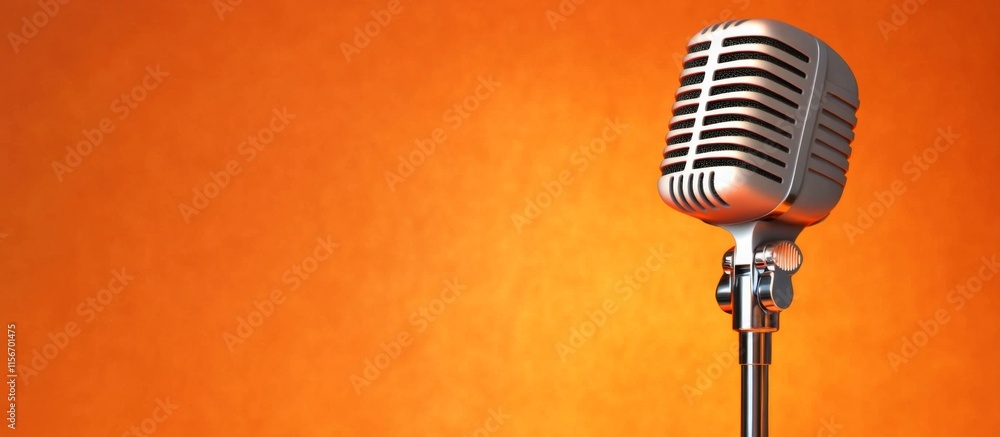 Fototapeta premium Vintage Silver Microphone on Orange Background with Retro A modern