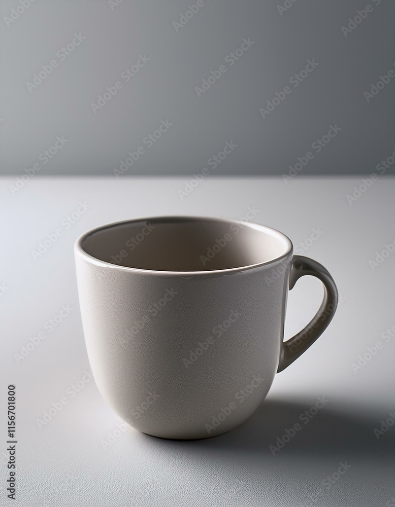 Fototapeta premium シンプルで上品な陶器製カップ、ライトグレーの壁紙と調和し、落ち着きと洗練を演出する 