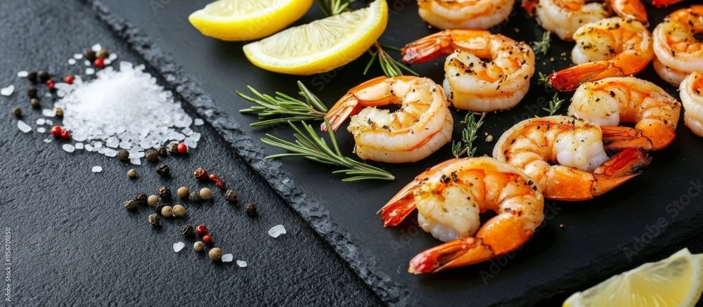 Cooked shrimp with herbs, spices, lemon, and rosemary Sauteed shrimps prawns Cooked shrimp with herbs, spices, lemon, and rosemary Sauteed shrimps prawns