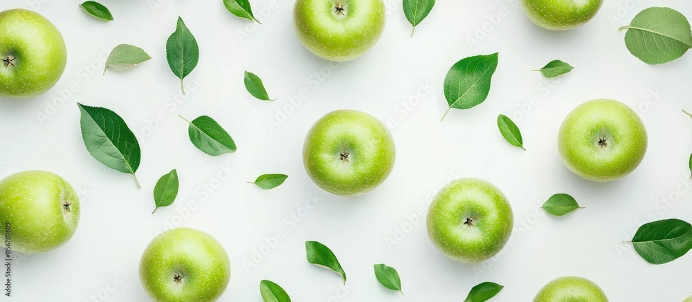 Fresh Green Apples Surrounded by Leaves on a White Background with Ample Space for Text and Design Elements Fresh Green Apples Surrounded by Leaves on a White Background with Ample Space for Text and Design Elements