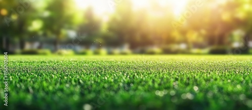 Lush Green Artificial Grass Field with Blurred Soccer Players in Background Ideal for Text Placement and Sports Promotions photo