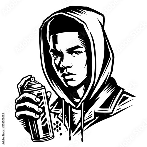 Graffiti artist with hoodie and spray can in black and white