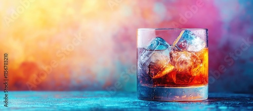 Colorful cocktail glass with ice cubes set against a vibrant abstract background ideal for creative beverage advertising or promotional material photo