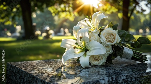 Beautiful White Lily and Rose Bouquet on Granite Headstone in Sunlit Cemetery Setting
