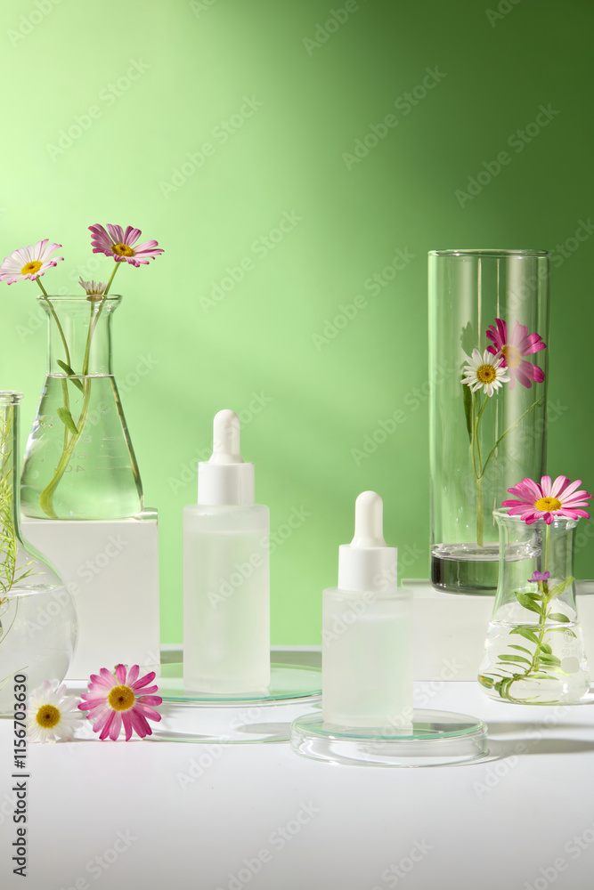 Close-up of an unlabeled mockup of dropper bottles on white and glass podiums, surrounded by some lab glassware with chamomile flower branches, a green backdrop for a cosmetics advertisement photo. Close-up of an unlabeled mockup of dropper bottles on white and glass podiums, surrounded by some lab glassware with chamomile flower branches, a green backdrop for a cosmetics advertisement photo.