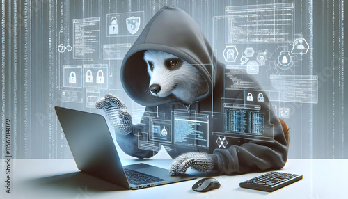 Hacker A cyber-themed digital interface with an anthropomorphic dog in a hoodie interacting with a laptop s1
