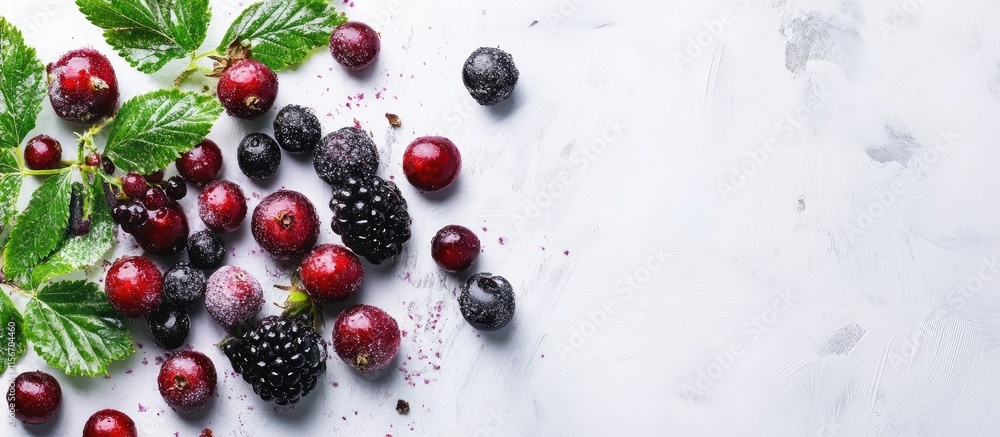 Ripe blackberries and red berries on marble background Healthy vegetarian dish high in vitamins and antioxidants with copy space for text Ripe blackberries and red berries on marble background Healthy vegetarian dish high in vitamins and antioxidants with copy space for text