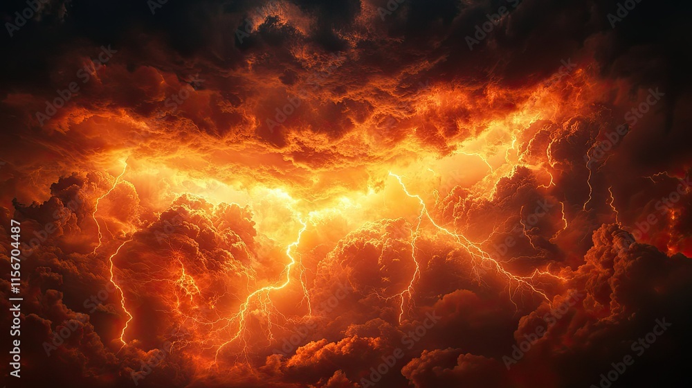 Storm warning: Weather background banner with a stunning orange lightning storm and ominous clouds in the sky - Storm warning: Weather background banner with a stunning orange lightning storm and ominous clouds in the sky -