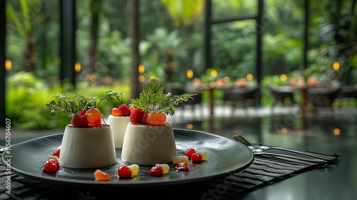 Elegant dessert presentation with fresh berries and greenery in a serene dining environment.