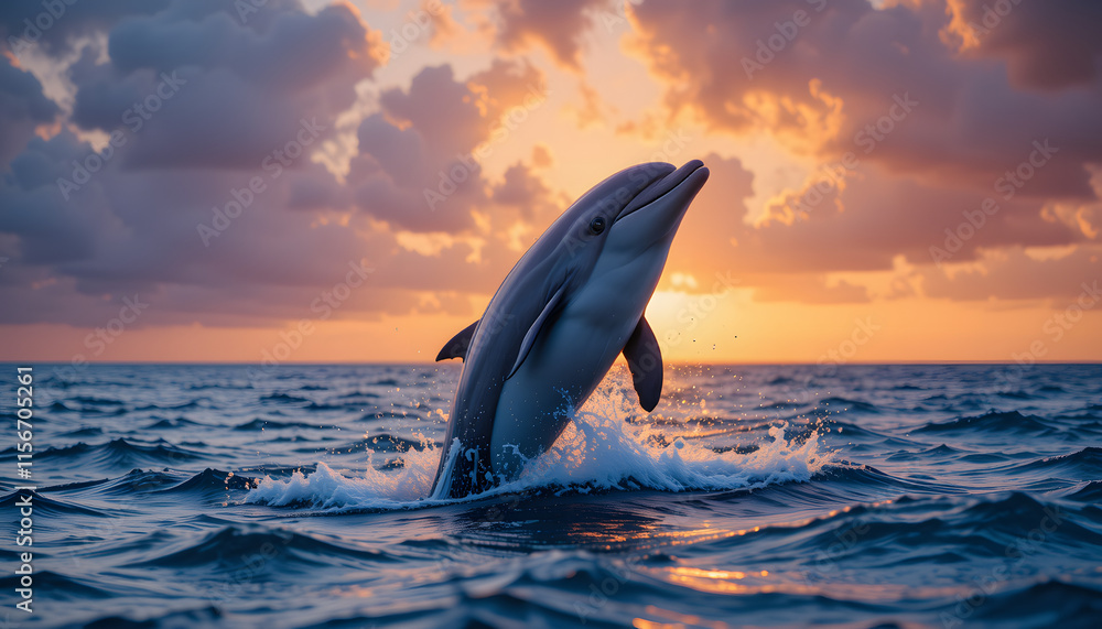 Fototapeta premium dolphin Breaching at Sunset in a Dramatic Ocean Setting