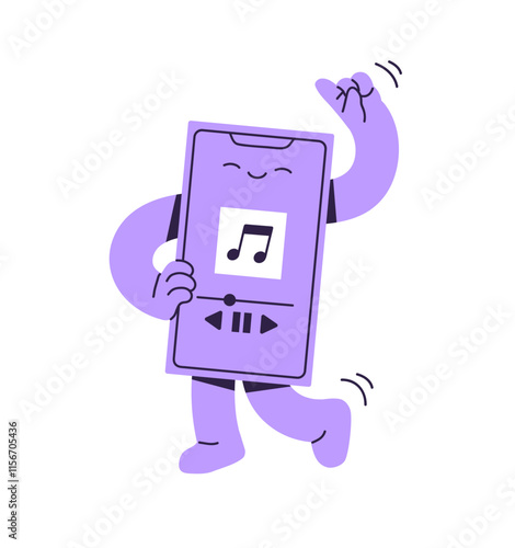 Cute smartphone mascot dances with audio player app on screen. Telephone character listens to music, moves with song. Happy mobile phone has fun. Flat isolated vector illustration on white background